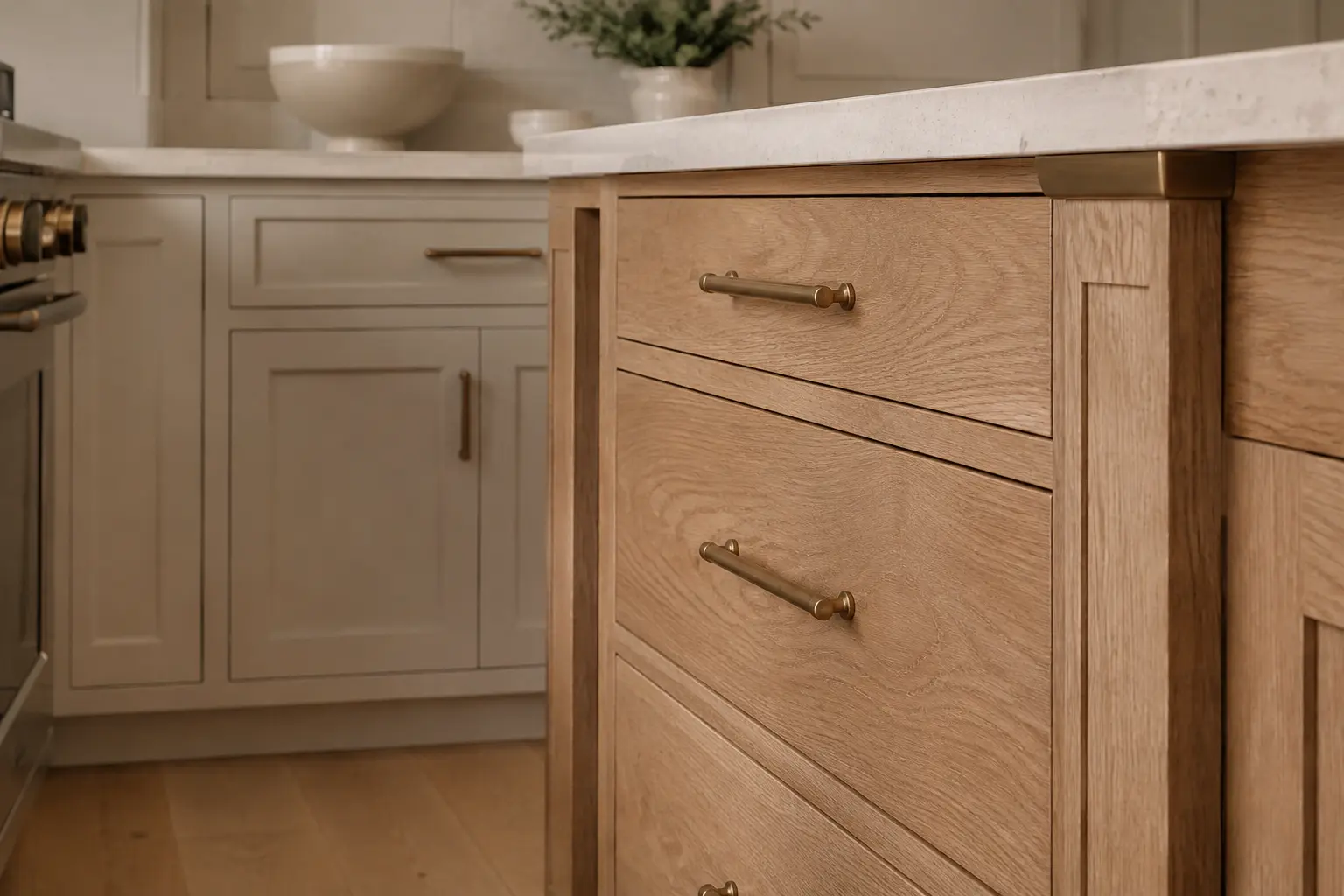 Custom white oak and cream cabinetry detail