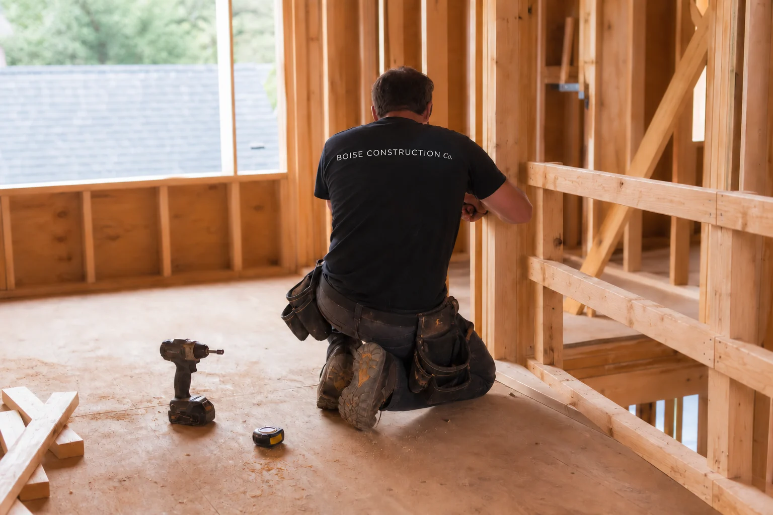 Timber framing at a home construction site with Boise Construction Co branding