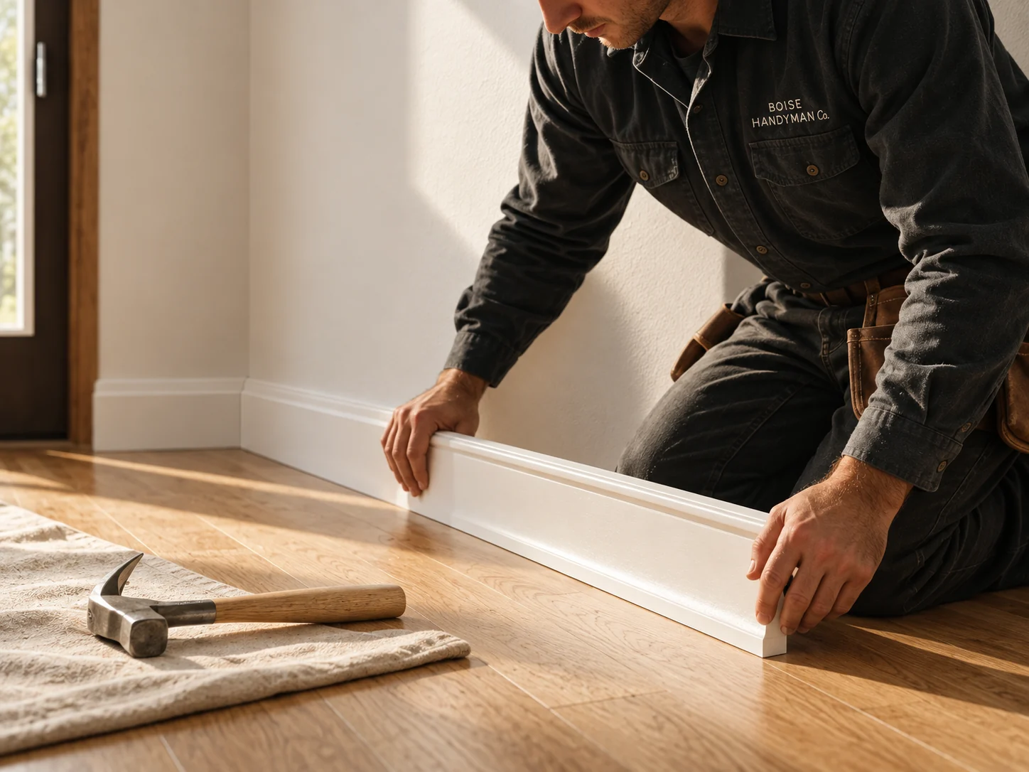 Trim installation in progress with Boise Handyman Co branding